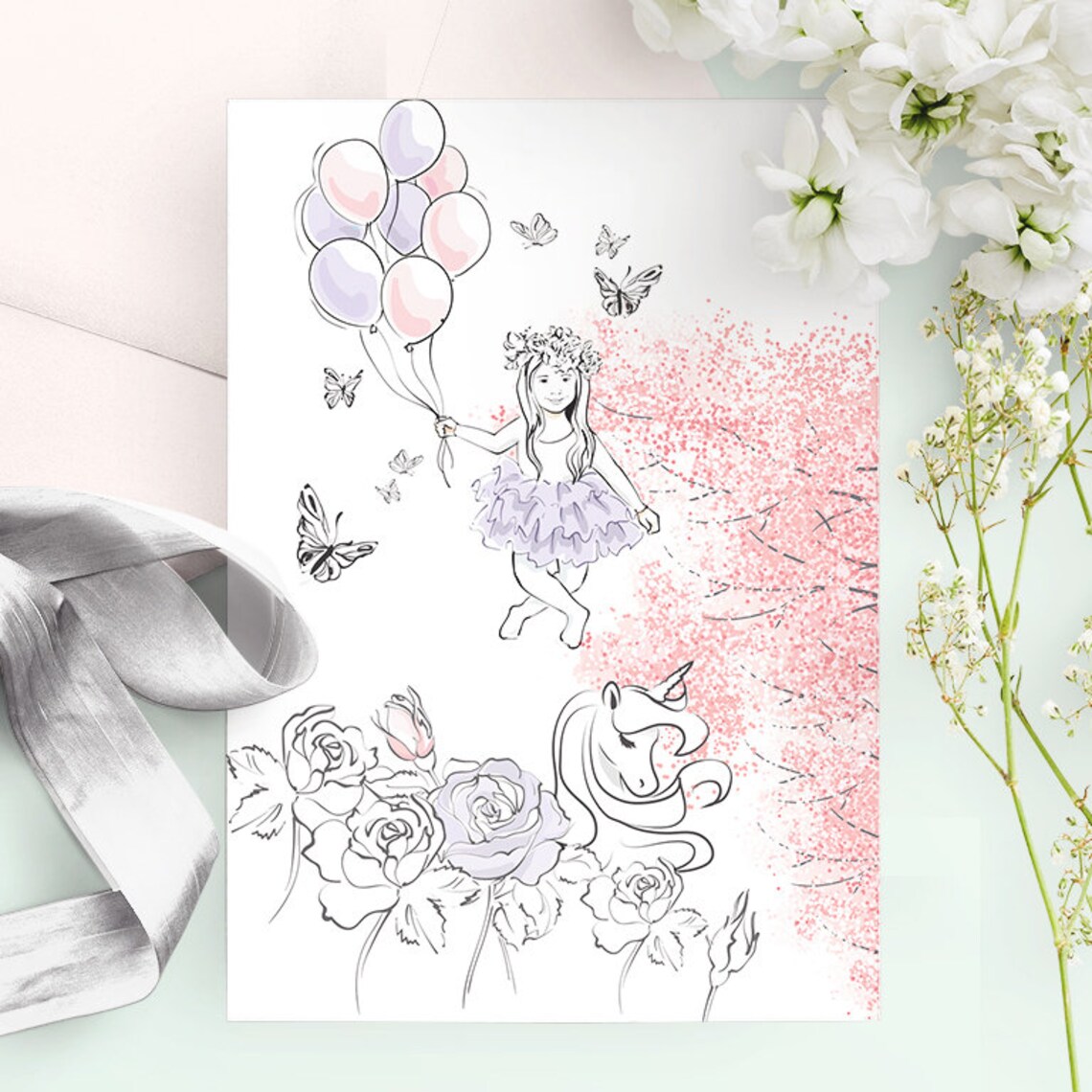 Unicorn Tea Party Birthday Invitation, Child Portrait - Image 2