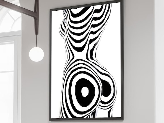 Black and White Striped Torso Optical Illusion Body Art Poster
