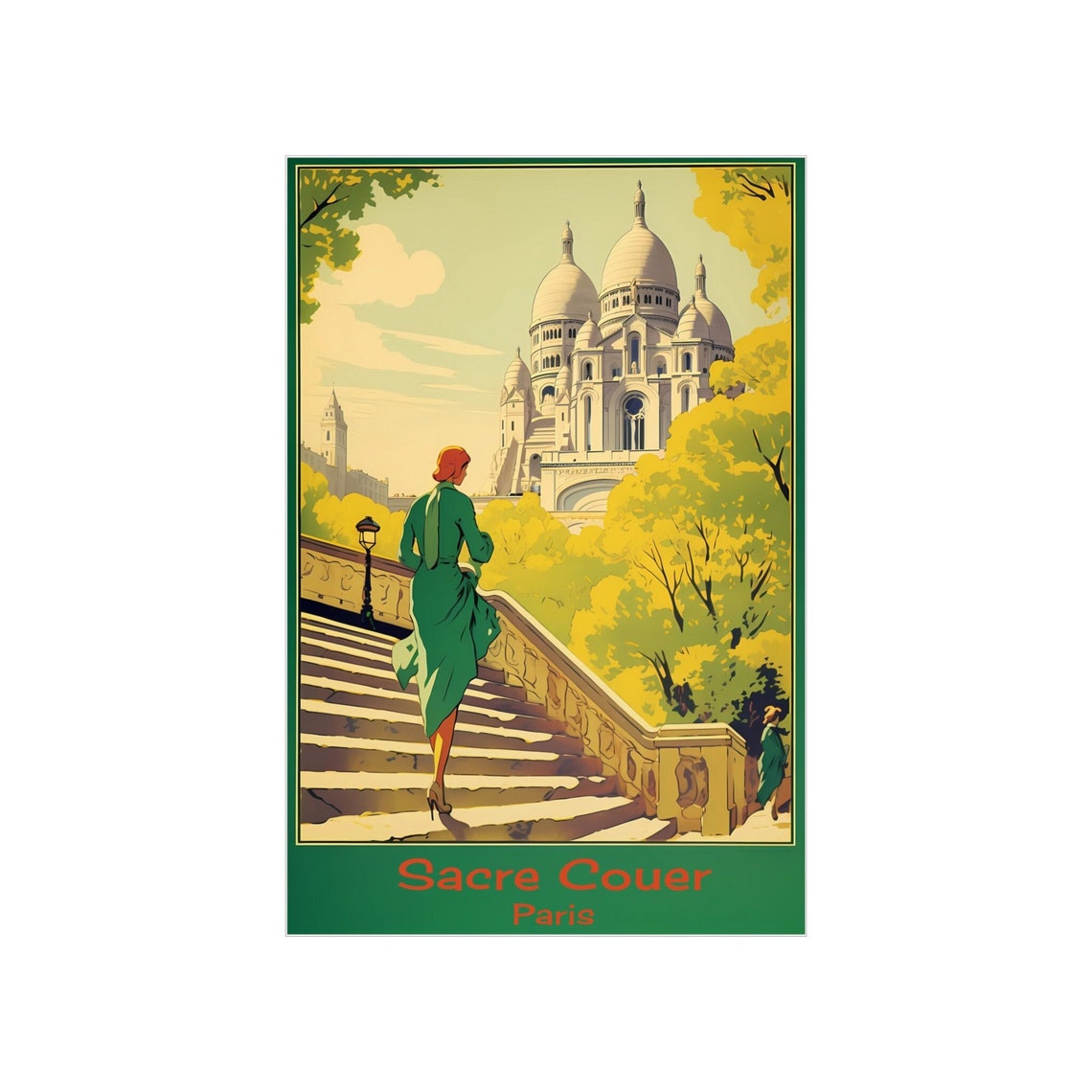 Sacre Coeur Basilica Paris Montmartre Stairs Vintage Travel Poster