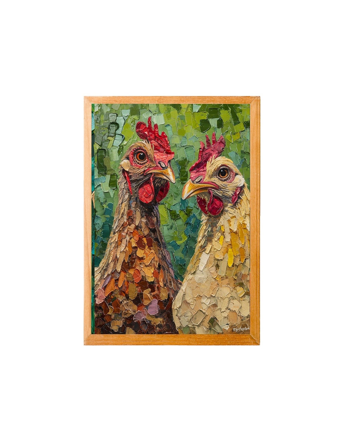 Two Chickens Impasto Oil Painting Style Farm Bird Art Poster