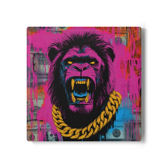 Street Art Lion Coaster Neon Pink And Black With Gold Chain Stylish Hip Hop Decor