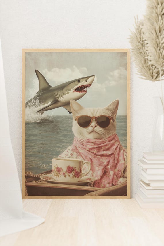 Vintagestyle Cat Print Cool In Boat With Tea Jumping Whimsical Home Decor