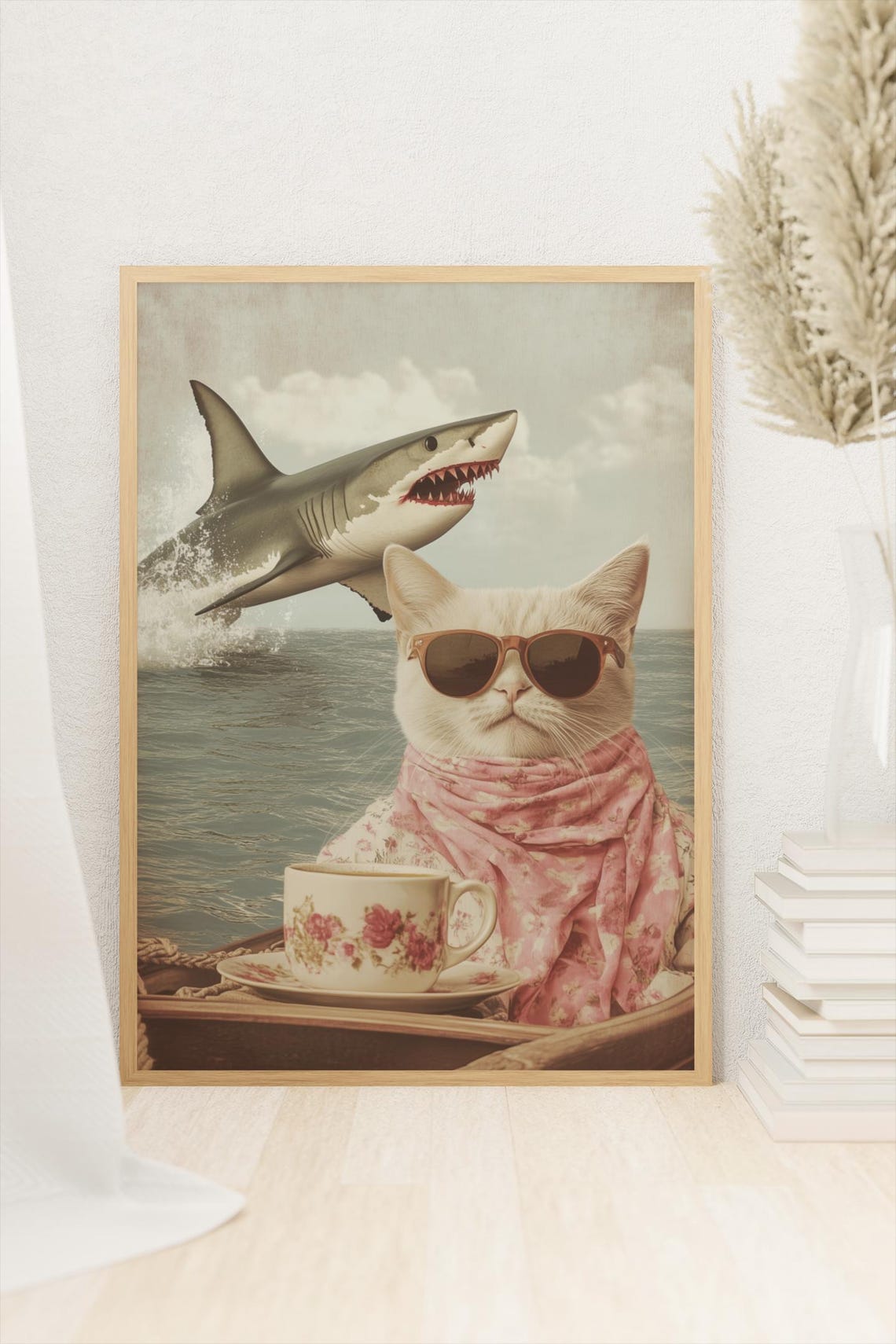 Cool Cat Sunglasses Tea Vintage Shark Beach Whimsy Scene Poster