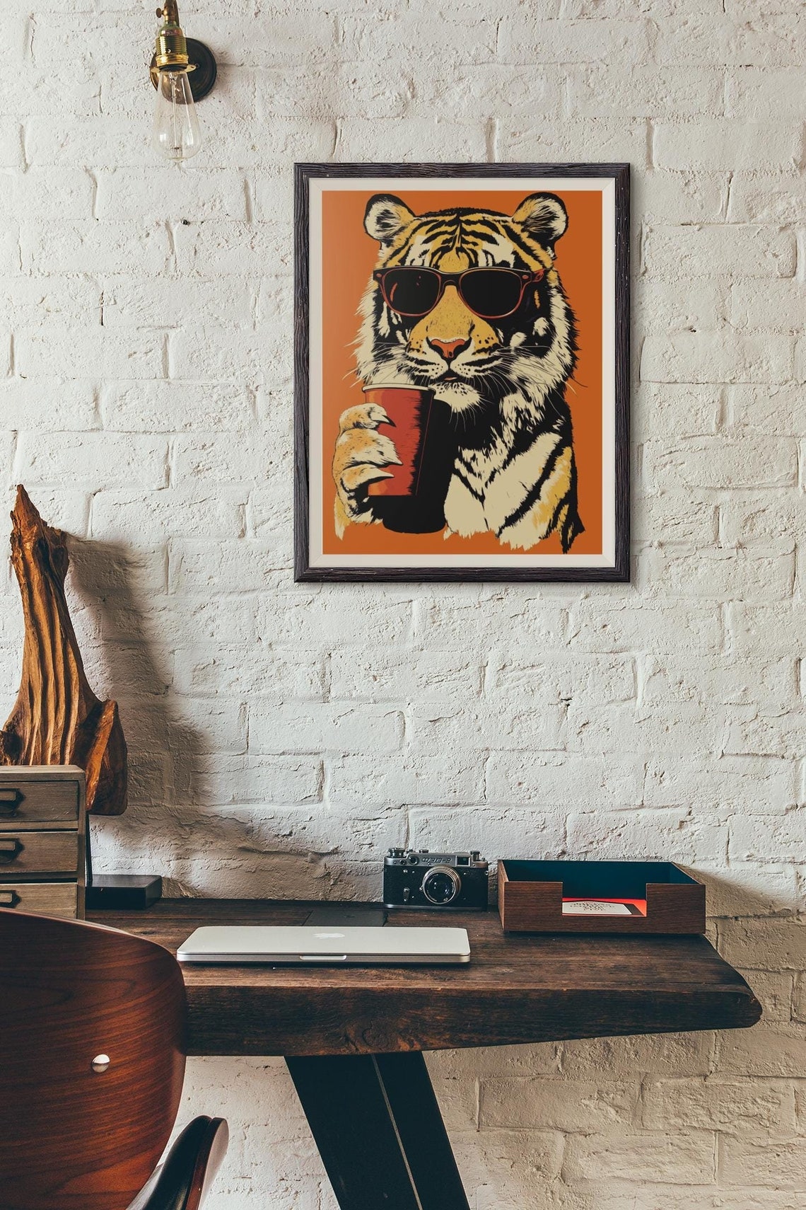 Cool Tiger With Sunglasses Sipping Red Cup Retro Orange Art Poster
