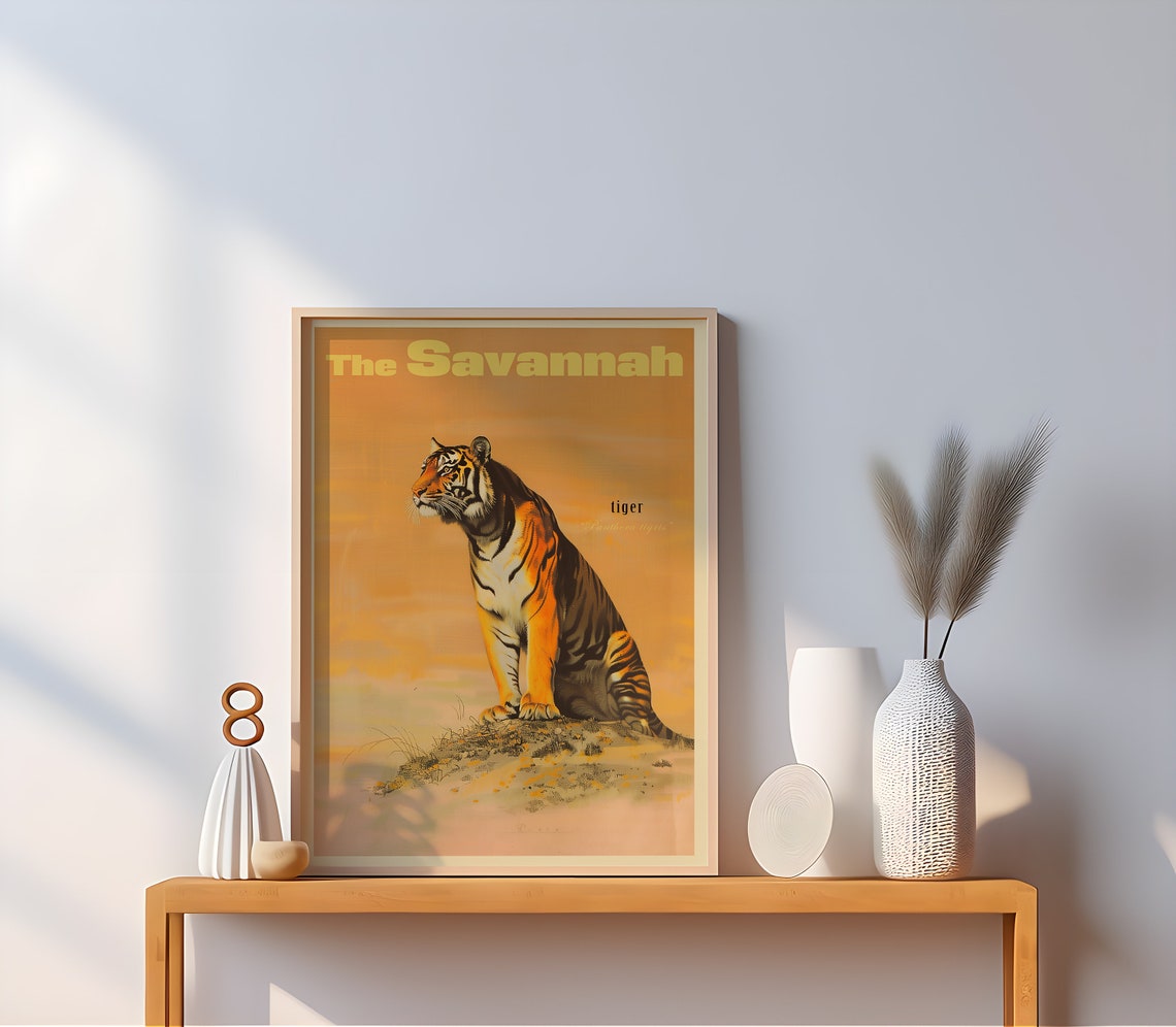 Vintage Tiger Sitting Savannah Wildlife Art Poster Retro Gift - Image 2