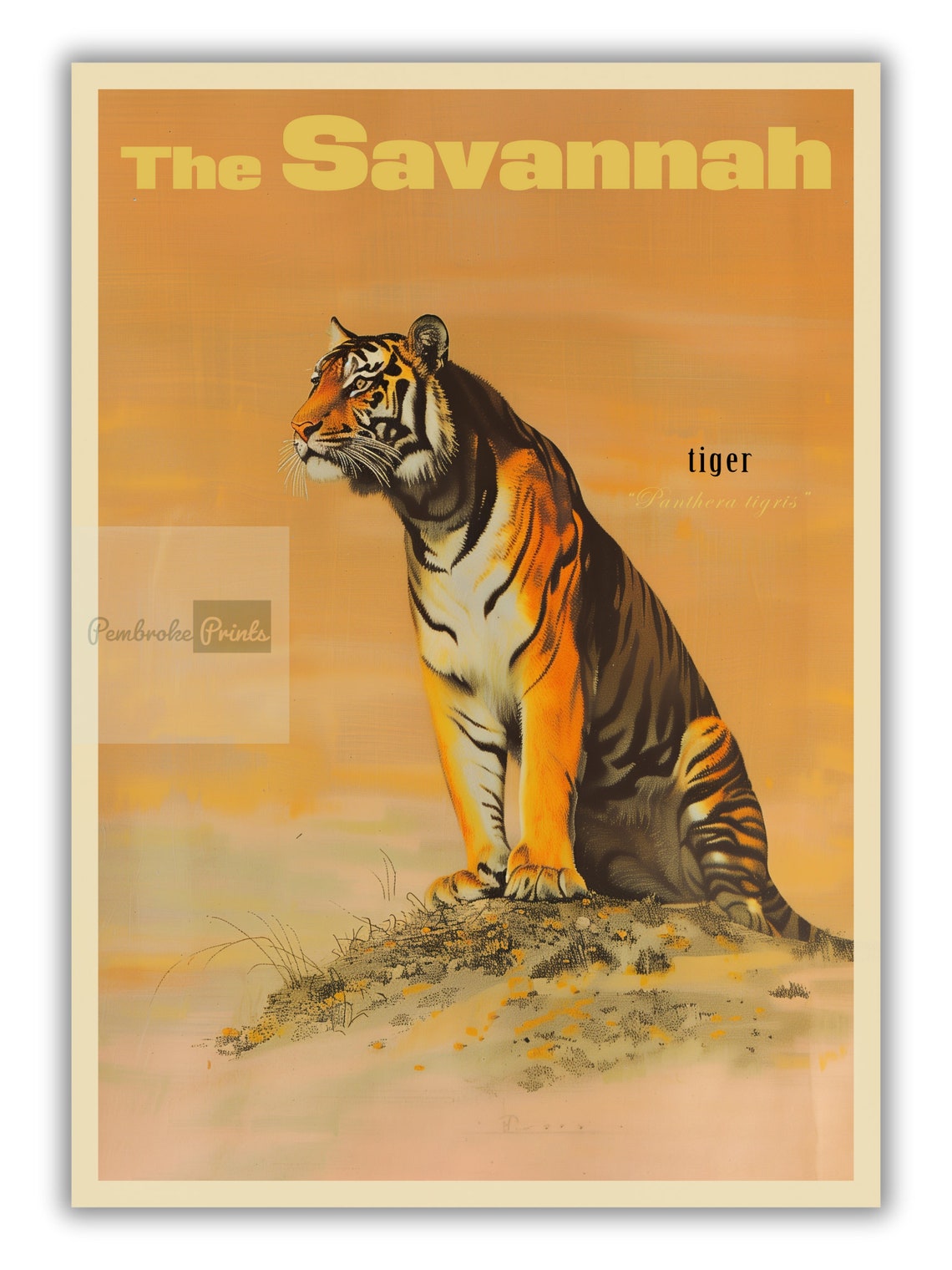 Vintage Tiger Sitting Savannah Wildlife Art Poster Retro Gift - Image 3