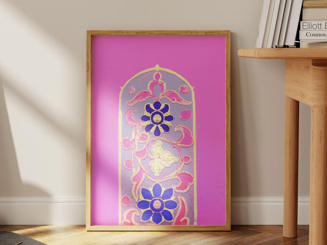 Folk Art Butterfly Poster Pink Background Blue Flower Design Arch Pattern Art Bohemian Wall Decor Colorful Feminine Art Print Gift - Image 2