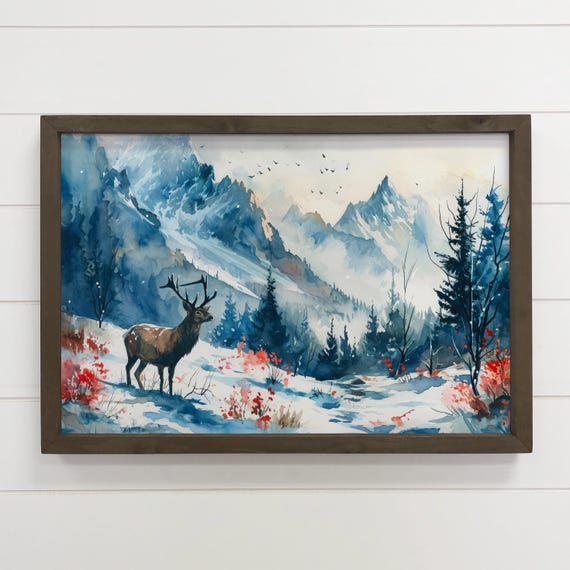 Winter Canvas Art Mountain Stag Wood Framed
