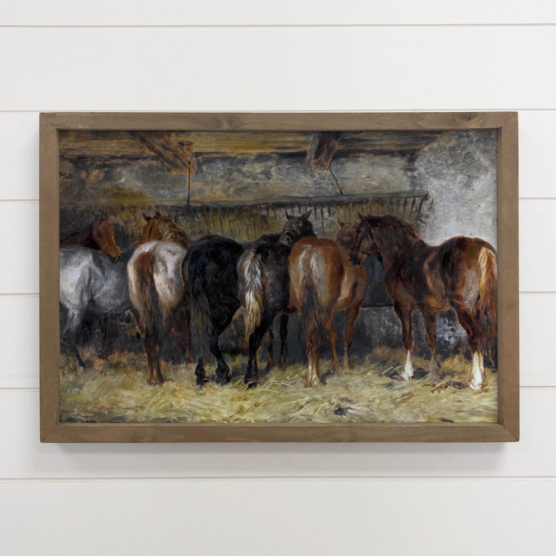Vintage Horses Rear View Feeding at Barn Trough Equestrian Poster