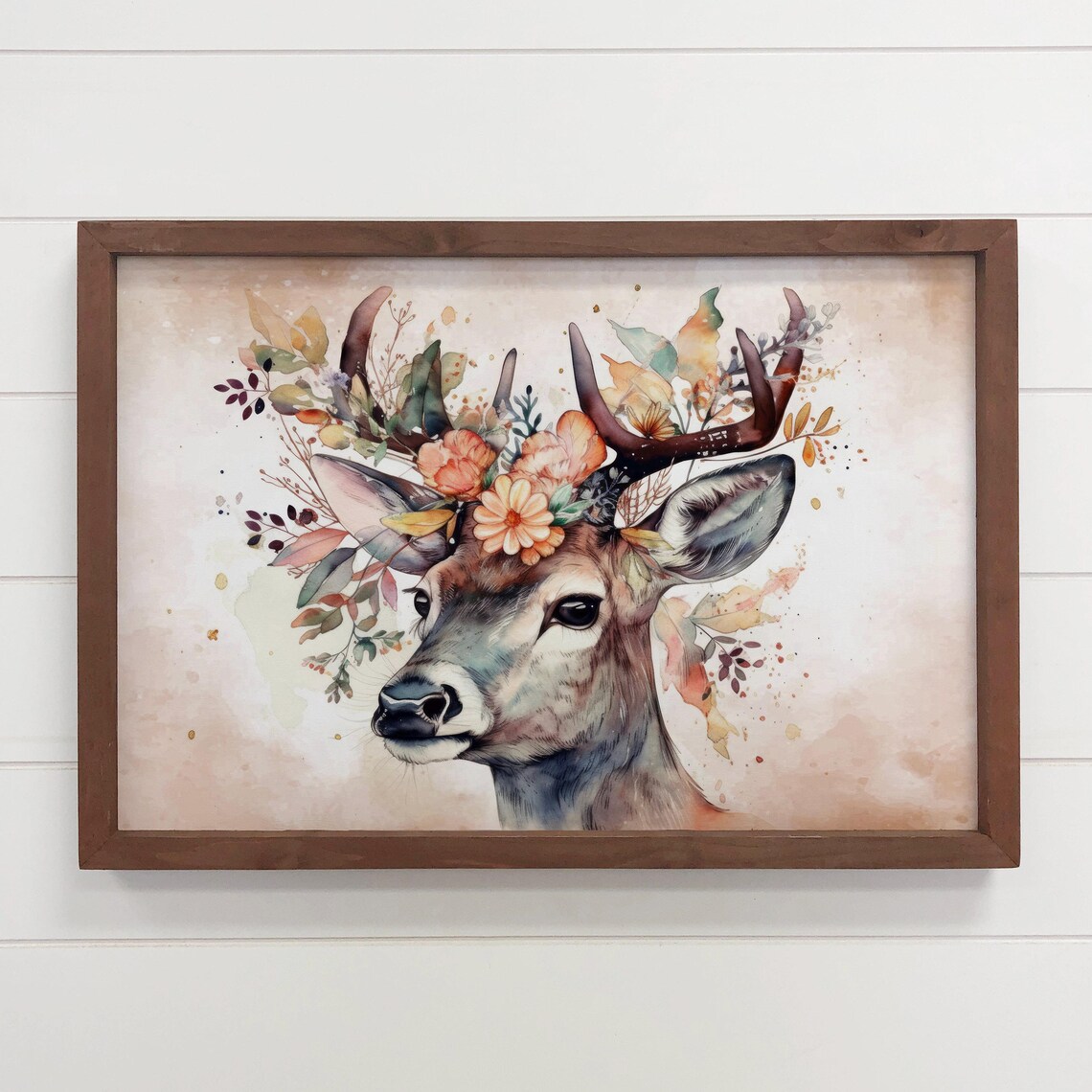 Deer with Floral Antlers Watercolor Painting Wall Art for Cabin