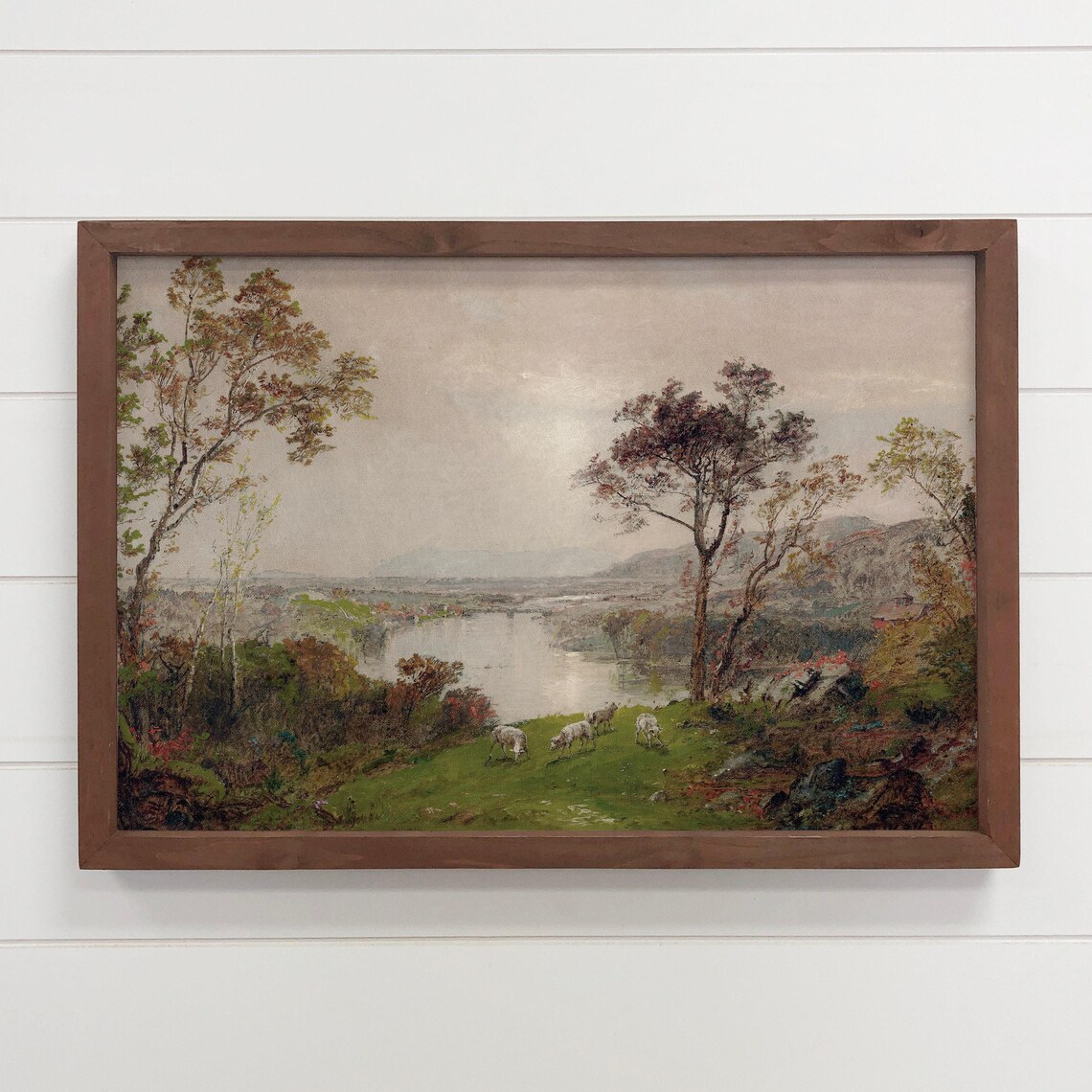 Vintage River Valley with Grazing Sheep Pastoral Landscape Poster