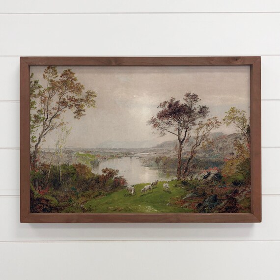 Vintage River Valley with Grazing Sheep Pastoral Landscape Poster