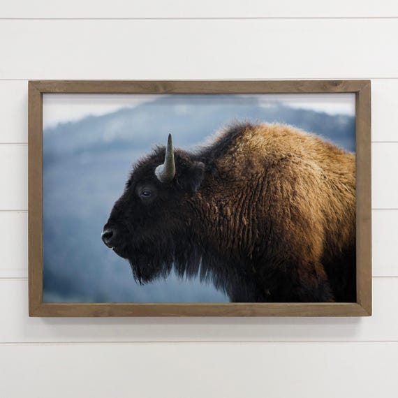 Bison Profile Framed Nature Photograph Cabin Wall Dcor Wooden Sign