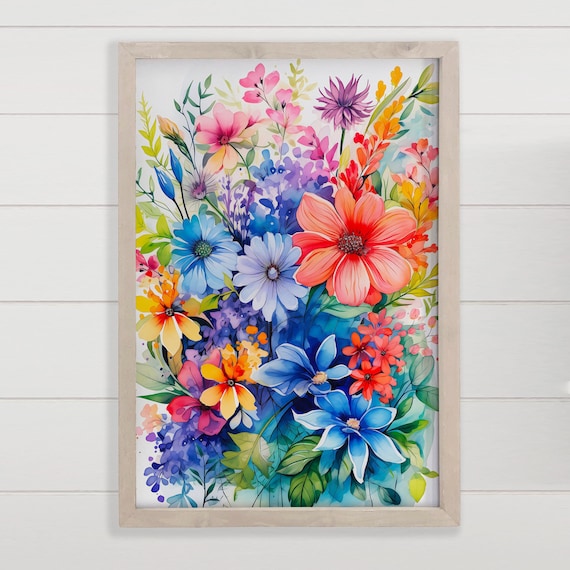 Bright Watercolor Floral Bouquet Vibrant Flower Garden Art Poster