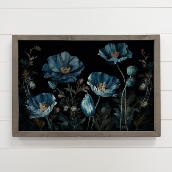 Moody Blue Poppy Flowers on Black Elegant Botanical Art Poster