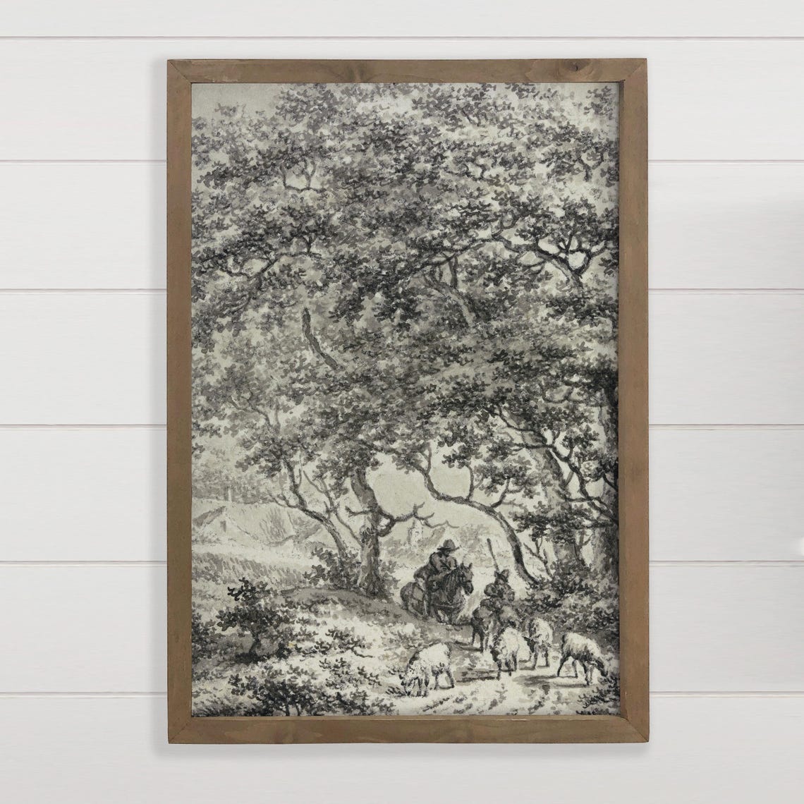 Shepherd on Horse With Sheep Vintage Charcoal Sketch Art Poster