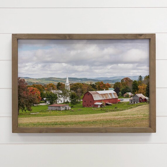 Scenic Vermont Red Barn White Church Autumn Countryside Art Poster