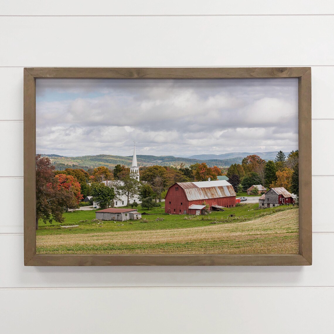 Scenic Vermont Red Barn White Church Autumn Countryside Art Poster