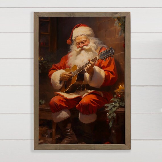 Santa Playing Guitar Christmas Painting Cozy Holiday Music Art Poster
