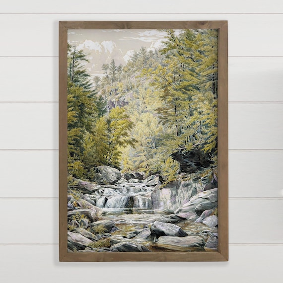 Forest Waterfall Stream Green Trees Classic Nature Art Poster