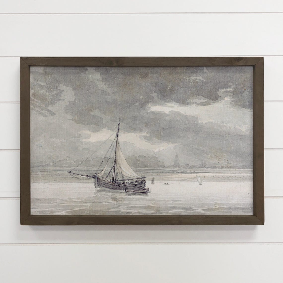 Vintage Sailboat on River Muted Nautical Sketch Poster Maritime Art