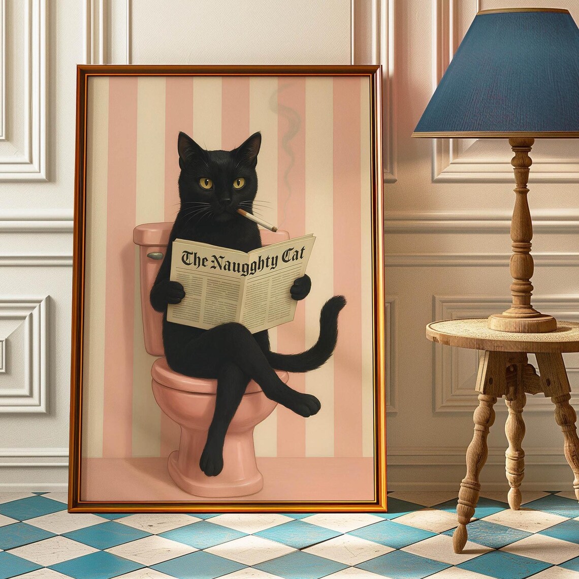Funny Cat Wall Art Print, Preppy Bathroom Retro