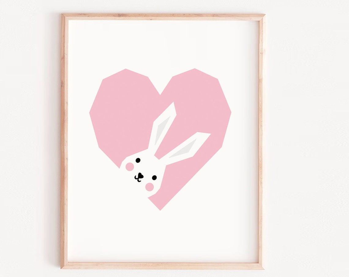 Pink Heart with Peeking Bunny Cute Sweet Nursery Decor Poster