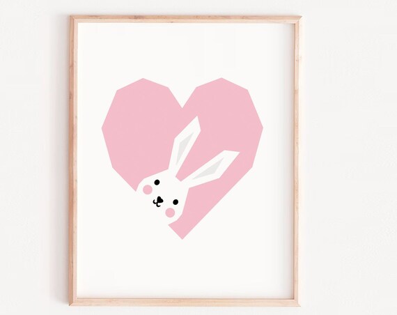 Pink Heart with Peeking Bunny Cute Sweet Nursery Decor Poster