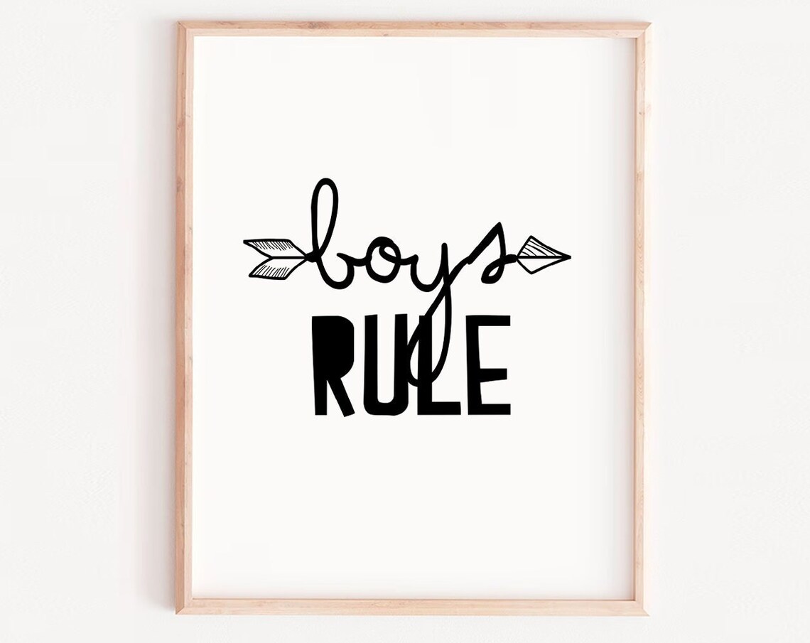 Boys Rule Arrow Kids Room Black and White Fun Quote Wall Art