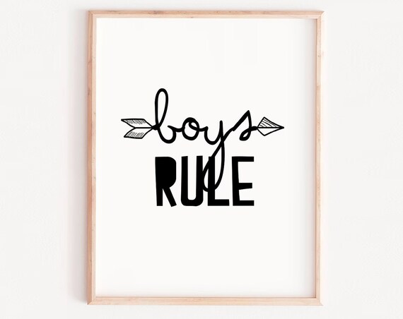 Boys Rule Arrow Kids Room Black and White Fun Quote Wall Art