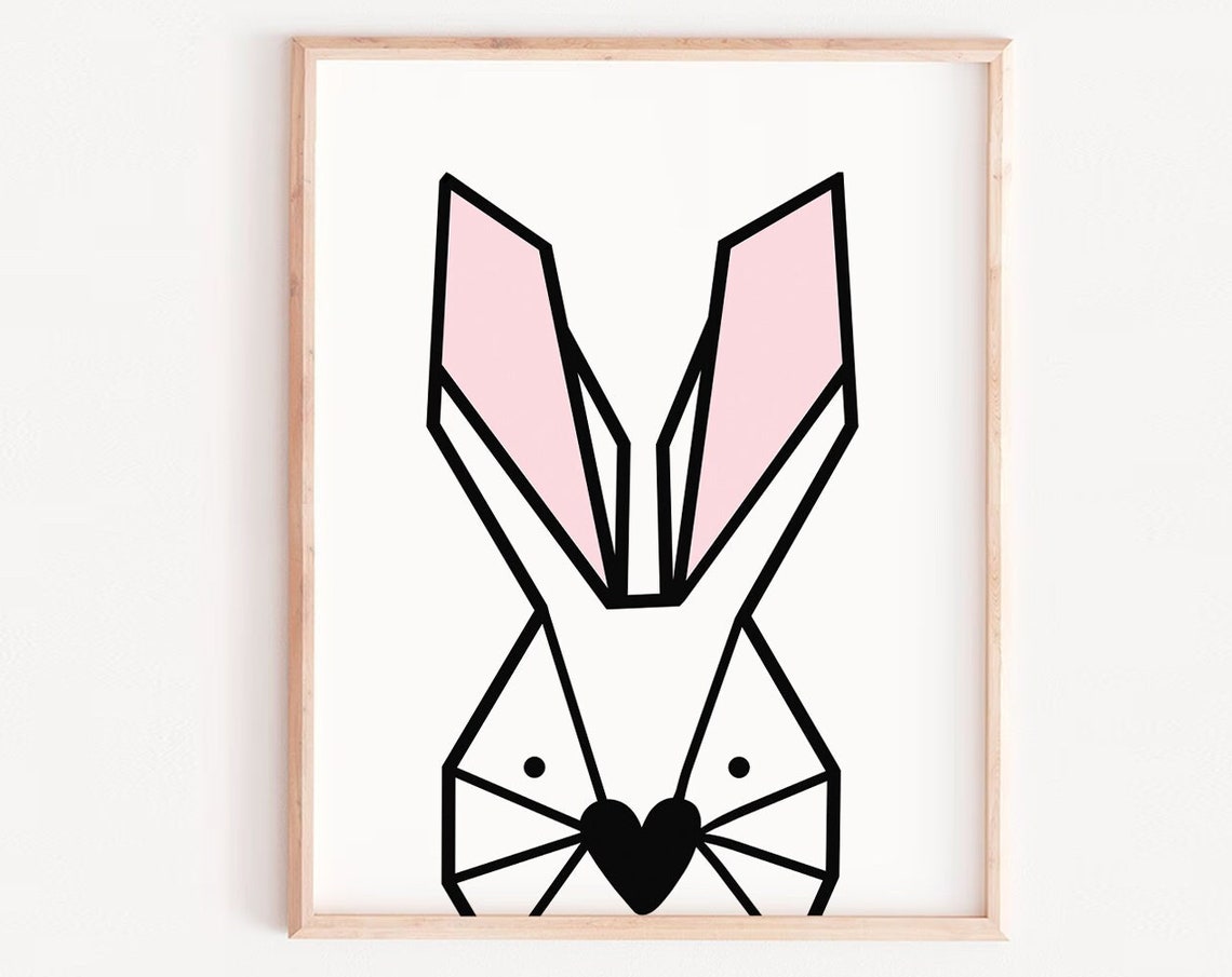 Geometric Bunny Minimal Line Art Pink Ears Nursery Wall Poster