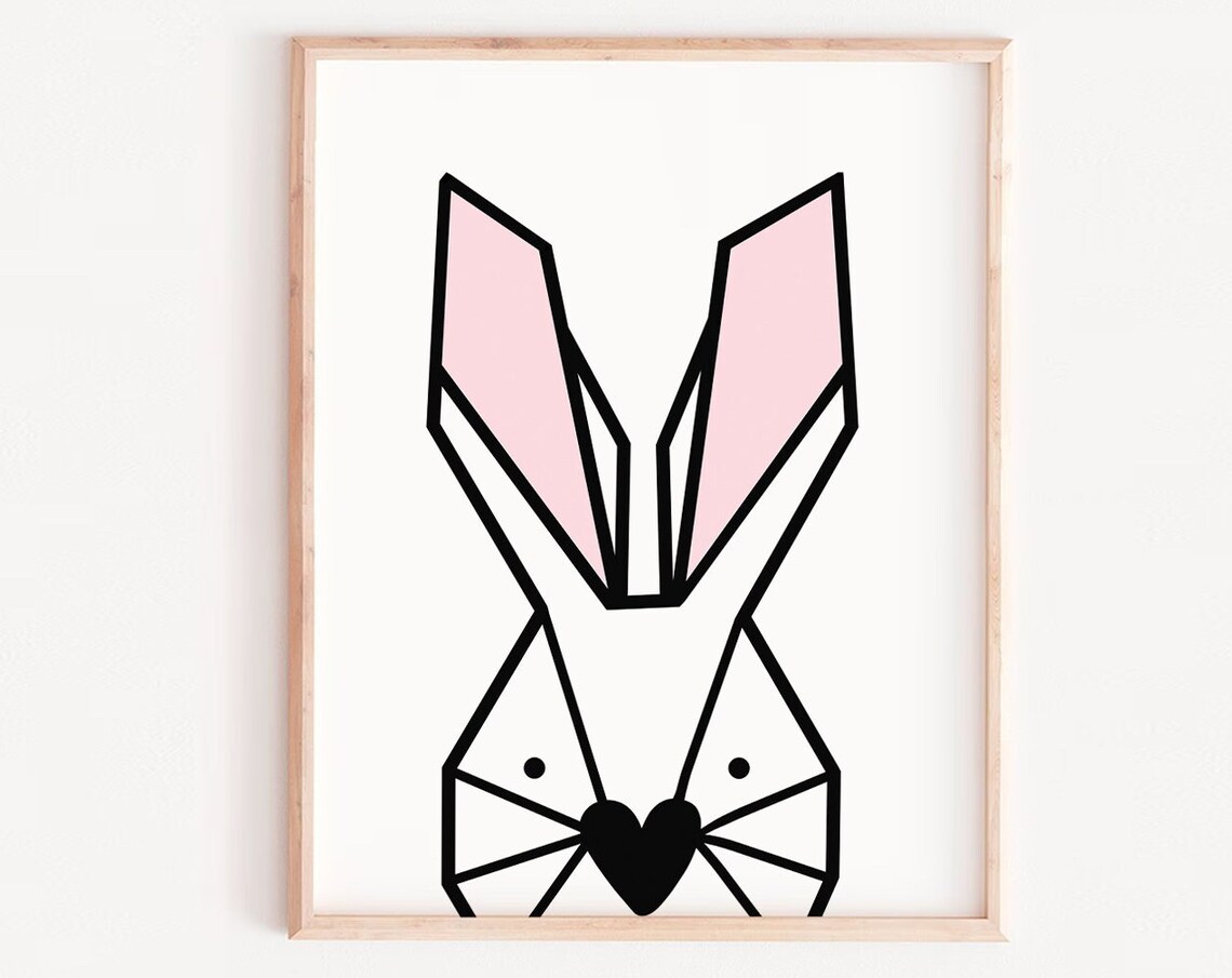 Geometric Print Art Cute Bunny Minimal Office Artwork Nursery White Baby Room Decor