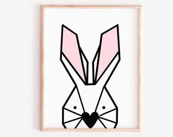 Geometric Print Art Cute Bunny Minimal Office Artwork Nursery White Baby Room Decor