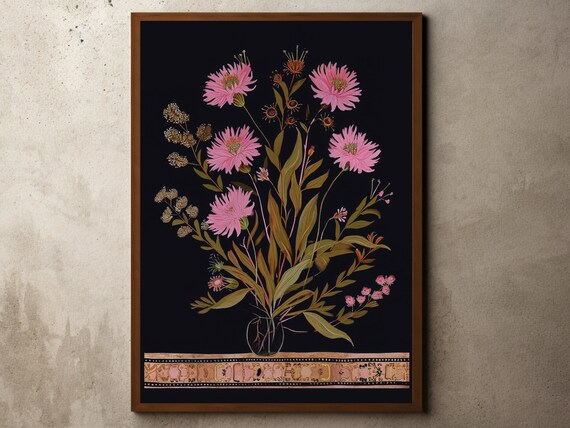 Pink Wildflowers On Black Moody Vintage Botanical Border Poster