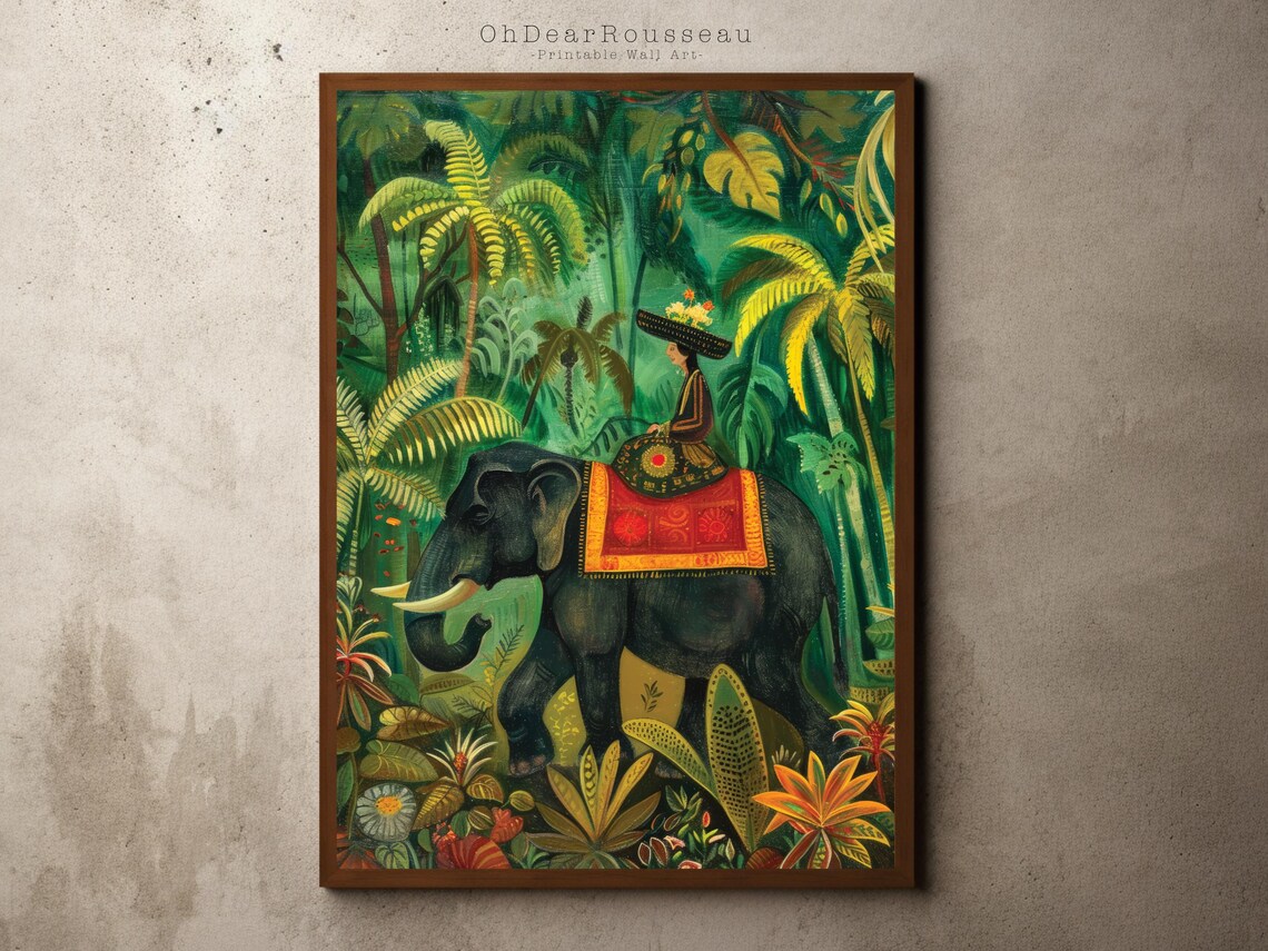 Tropical Elephant Jungle Art Whimsical Nature Illustration Exotic Boho Wall Vibrant Animal And Plant Decor