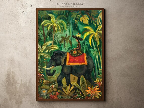 Tropical Elephant Jungle Art Whimsical Nature Illustration Exotic Boho Wall Vibrant Animal And Plant Decor