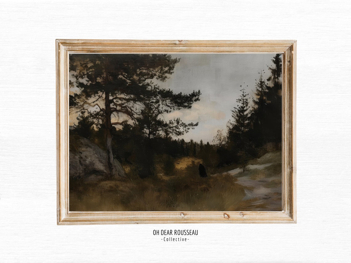 Antique Dark Moody Forest Landscape Oil Painting Vintage Wall Art