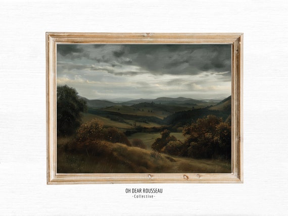Antique Farmhouse Print Rustic Mountain Landscape Painting Vintage Moody Dark Wall Art Country Field Oil