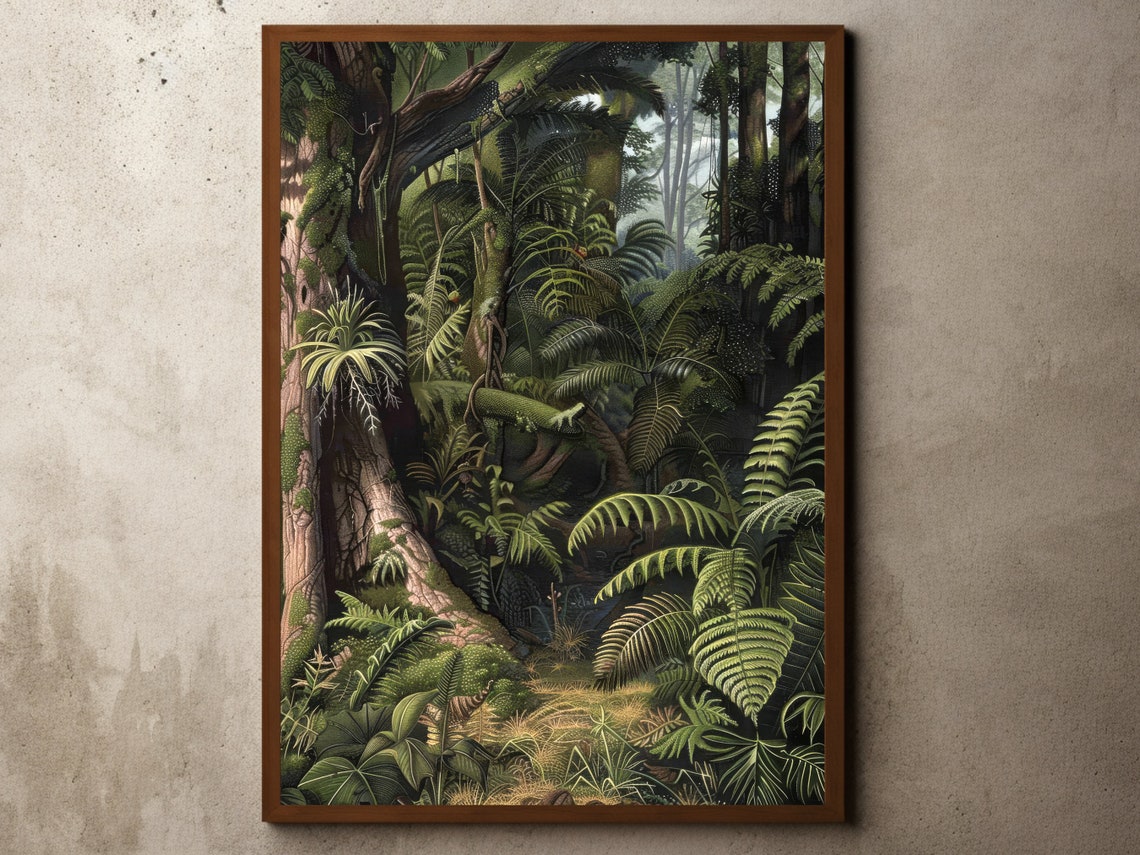 Lush Tropical Fern Jungle Henri Rousseau Style Vintage Forest Poster