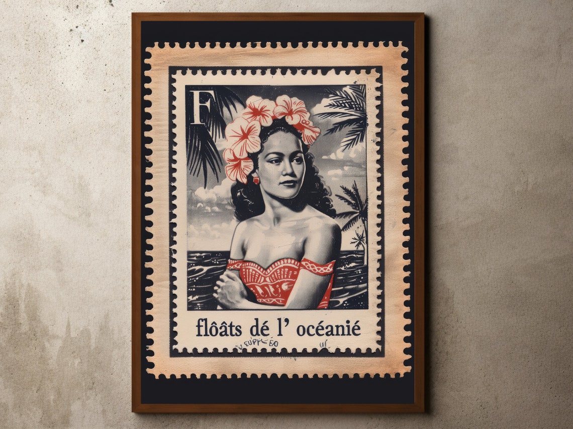 Vintage French Oceania Hibiscus Crown Stamp Portrait Nostalgic Poster