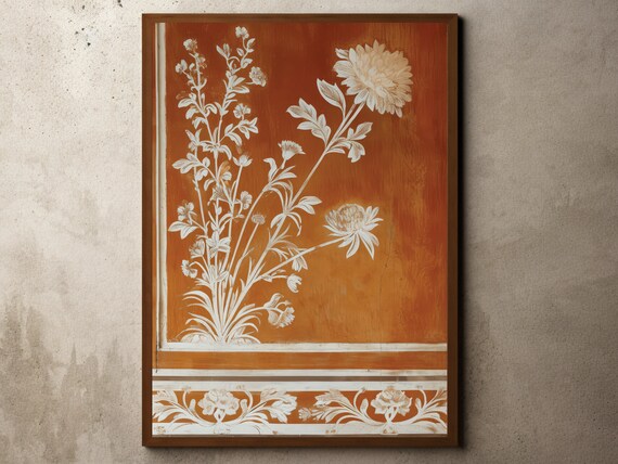 Burnt Orange White Botanical Tapestry Floral Pattern Textile Print