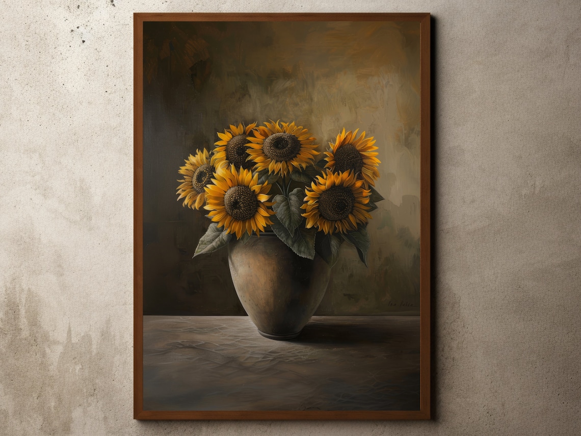 Vintage Flower Oil Painting Sunflower Summer Print Neutral Muted Minimal Floral Wall Art Flowers Still Life Farmhouse Decor