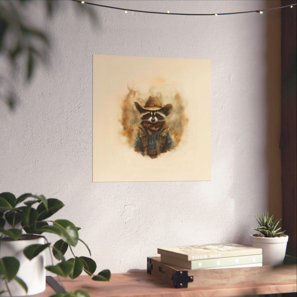 Raccoon Cowboy Watercolor Portrait Brown Hat Denim Vest Western Art Poster