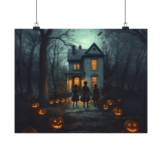 Haunted Halloween House With Trick Or Treat Pumpkin Path Poster