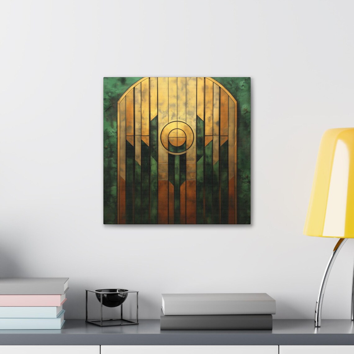 Green And Gold Art Deco Tower Window With Medallion Wall Art - Image 2