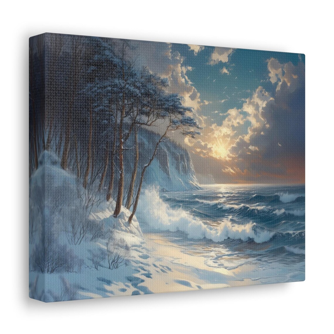 Snowy Coastal Cliffs With Crashing Waves Under Golden Sunset Clouds Wall Art - Image 2