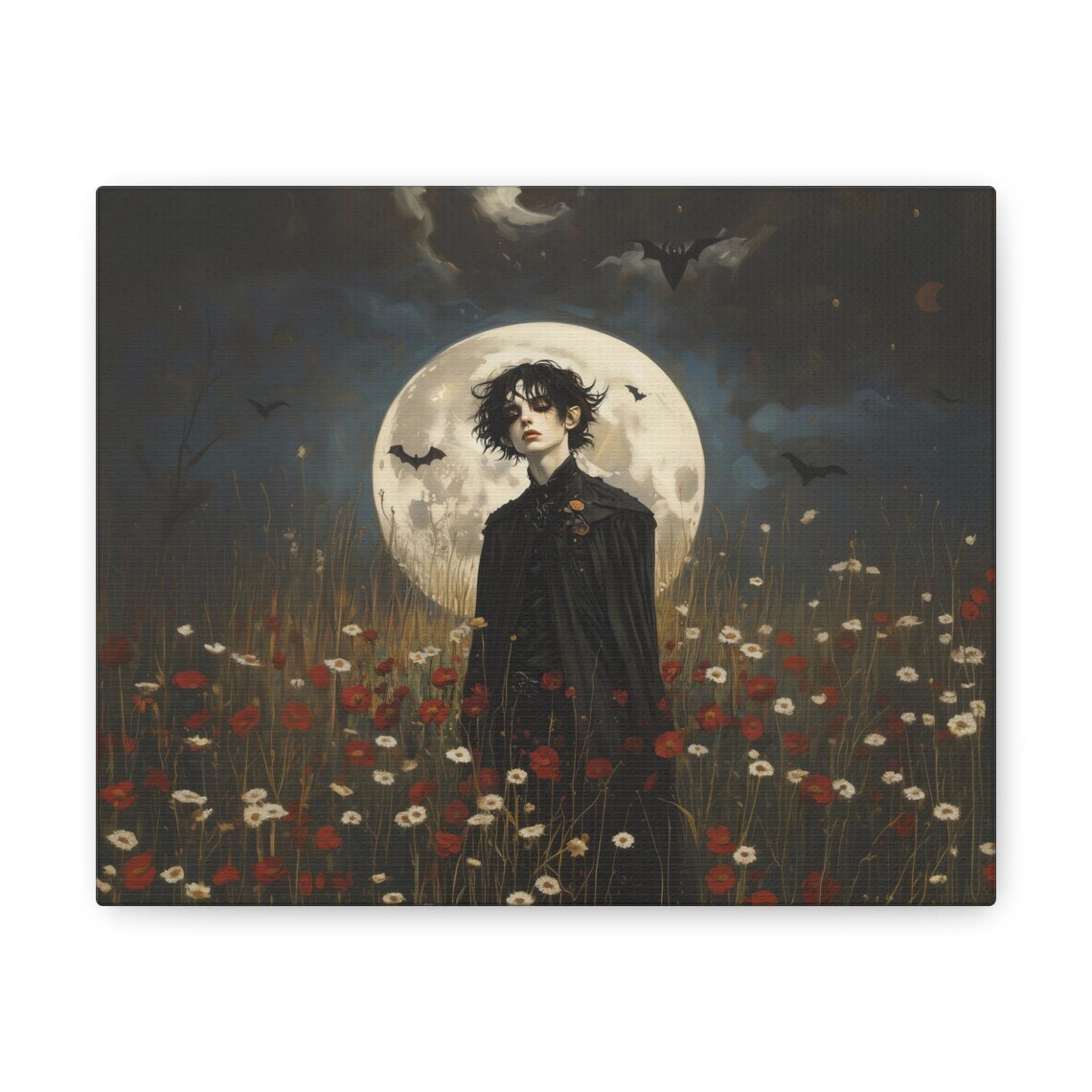 Vampire Standing Before a Full Moon with Bats in Wildflowers Gothic Poster - Image 2