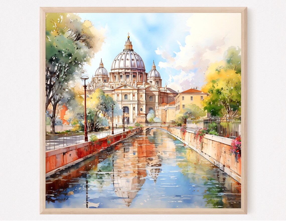 Vatican City Watercolor Art Print, St Peters Basilica