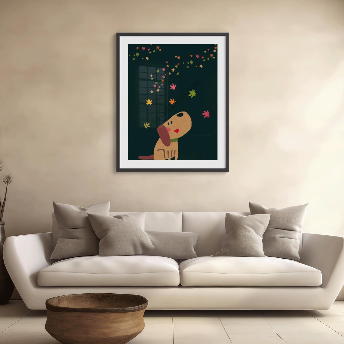 Cute Dog Watching Falling Autumn Leaves at Night Illustration Poster