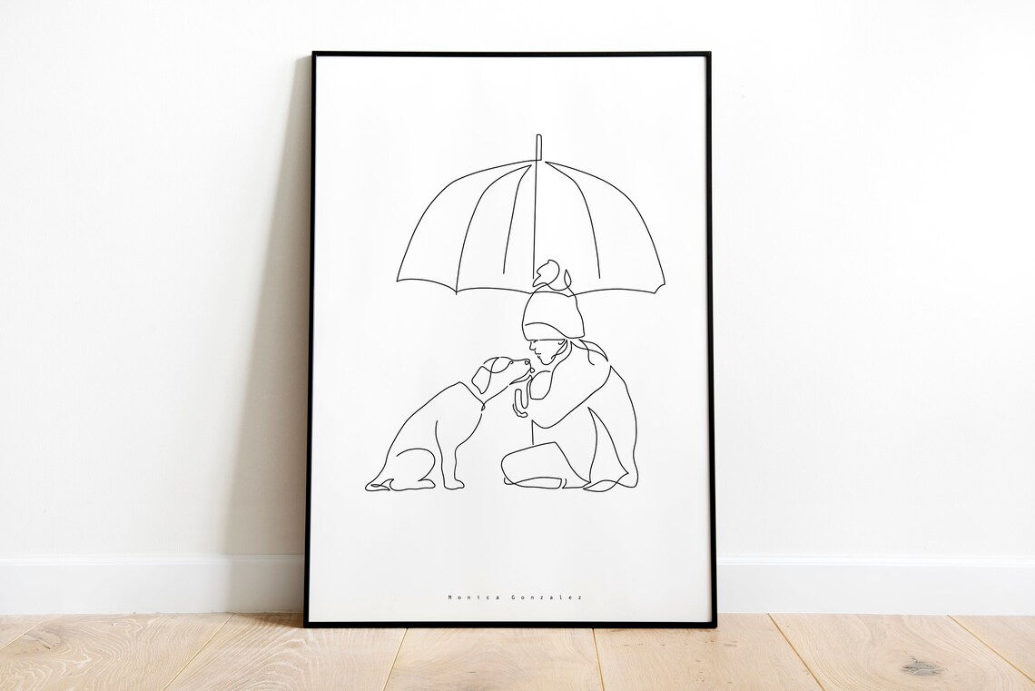 Family of Three with Happy Dog Minimalist Line Art Portrait Print - Image 2
